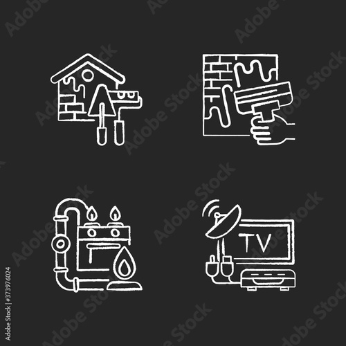 House repairs and facilities chalk white icons set on black background. External decoration. House decorating and renovating. Gas pipework. TV tuner. Isolated vector chalkboard illustrations