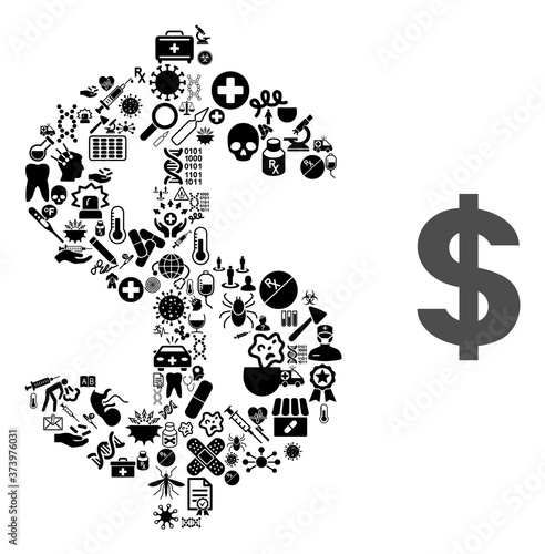 Mosaic dollar symbol of health care icons and basic icon. Mosaic vector dollar symbol is composed of health care symbols. Flat design elements for doctor applications.
