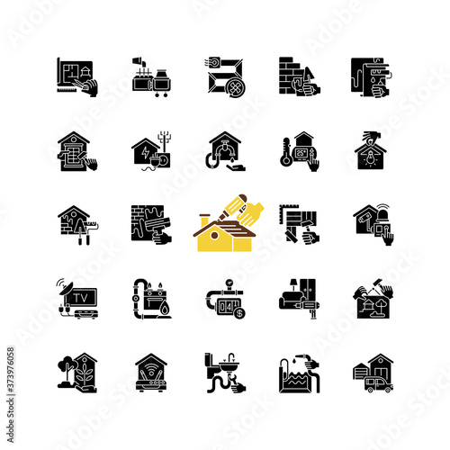 Building and repair house black glyph icons set on white space. Gas pipework. Counter installation. Pool construction. Garage building. Home decor. Silhouette symbols. Vector isolated illustration
