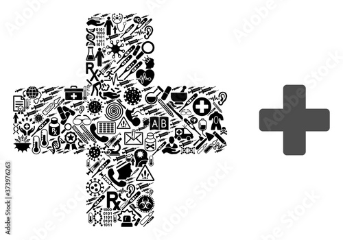Mosaic medical cross with healthcare symbols and basic icon. Mosaic vector medical cross is formed with healthcare symbols. Flat design elements for clinic illustrations.