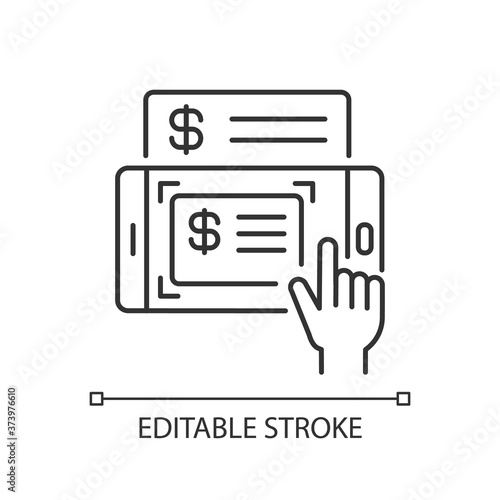 Mobile deposits linear icon. Mobile banking service. Online check. Money digital transaction. Thin line customizable illustration. Contour symbol. Vector isolated outline drawing. Editable stroke
