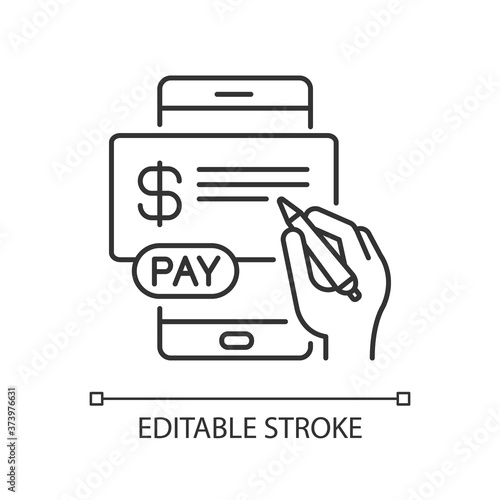 Pay in cheques linear icon. E billing system. Mobile banking service. Online paperless check. Thin line customizable illustration. Contour symbol. Vector isolated outline drawing. Editable stroke