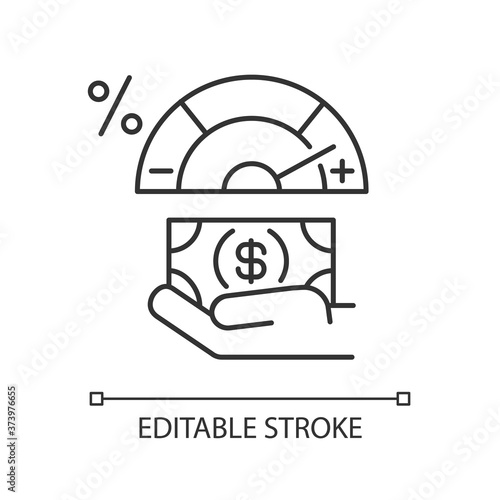 Credit score changing linear icon. Getting bank loan. Creditworthiness analysis. Interest rate. Thin line customizable illustration. Contour symbol. Vector isolated outline drawing. Editable stroke