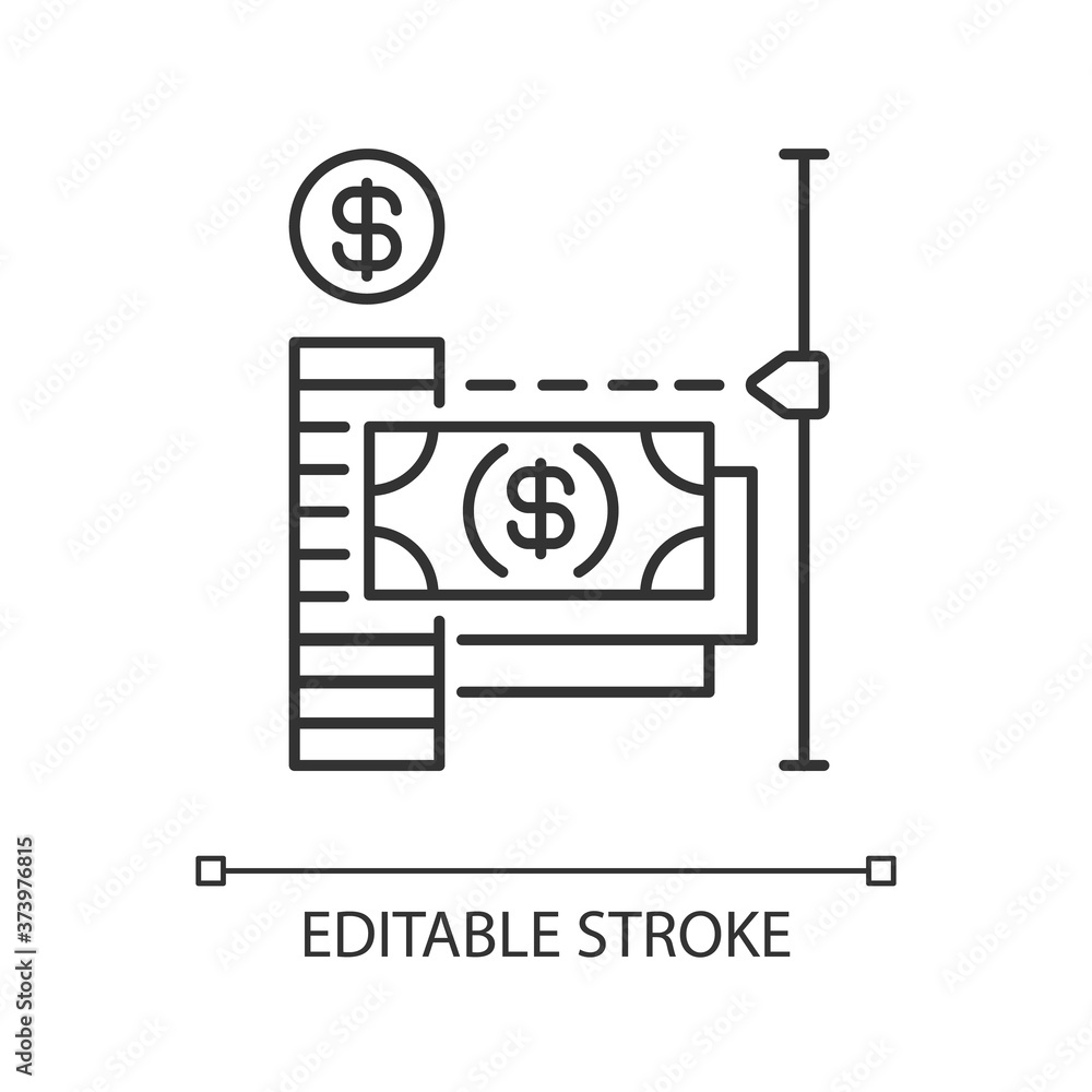 Transaction limit linear icon. Limit for online payment. Maximum amount of money loan. Thin line customizable illustration. Contour symbol. Vector isolated outline drawing. Editable stroke Transaction limit linear icon. Limit for online payment. Maximum amount of money loan. Thin line customizable illustration. Contour symbol. Vector isolated outline drawing. Editable stroke