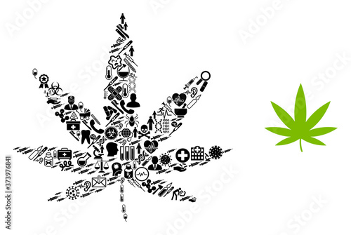 Mosaic cannabis with health icons and basic icon. Mosaic vector cannabis is created with health symbols. Abstract illustrations elements for pandemic advertisement.