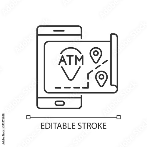 ATMs map linear icon. Bank location online searching. Cash machine navigation. ATM near me. Thin line customizable illustration. Contour symbol. Vector isolated outline drawing. Editable stroke