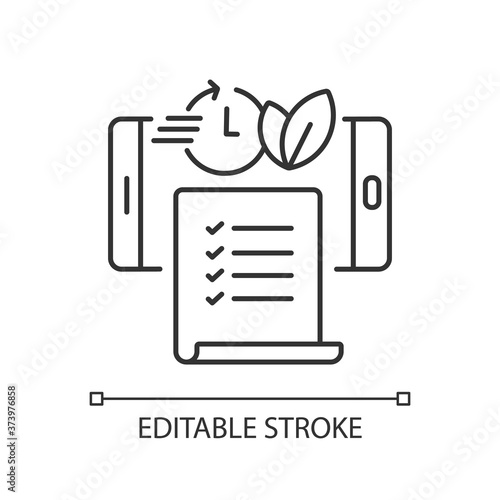 Paperless statements linear icon. Electronic bill. Online document on smartphone screen. Thin line customizable illustration. Contour symbol. Vector isolated outline drawing. Editable stroke