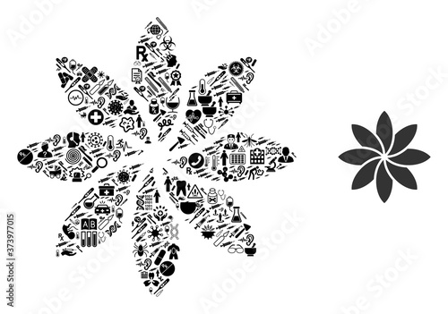 Mosaic abstract flower with medicine symbols and basic icon. Mosaic vector abstract flower is created from medicine symbols. Abstract design elements for pharmacy projects.