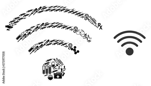 Mosaic Wi-Fi source with medical items and basic icon. Mosaic vector Wi-Fi source is designed from medical items. Abstract illustrations elements for clinic illustrations.