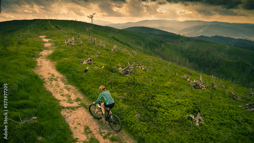 Cycling woman riding on bike in autumn mountains forest landscape. Woman cycling MTB flow trail track. Outdoor sport activity.