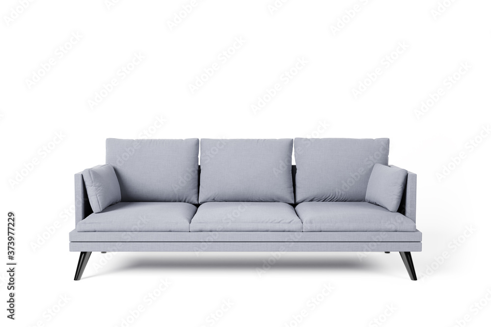 Grey couch with pillows on studio white background. Grey couch with pillows on studio white background.