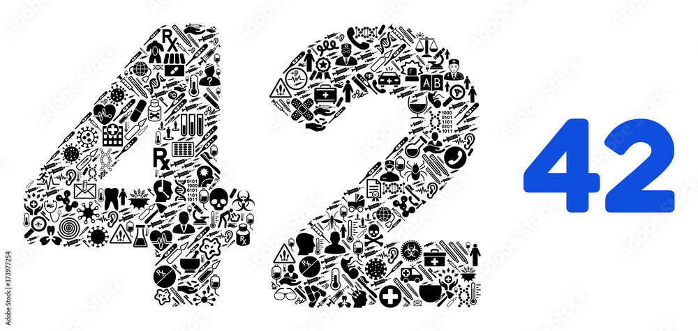 Mosaic 42 digits text from health care icons and basic icon. Mosaic vector 42 digits text is composed from health care symbols. Flat design elements for hospital projects. Mosaic 42 digits text from health care icons and basic icon. Mosaic vector 42 digits text is composed from health care symbols. Flat design elements for hospital projects.