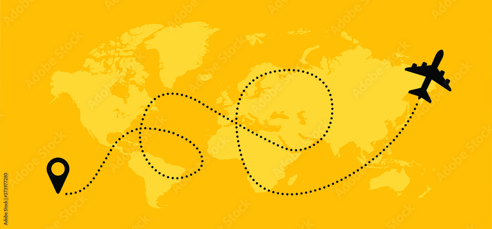 World map. Love Romantic travel airplane line path of air plane flight route with start point icon. Air plane flying. Vector fly pin location pointer route, trace and track sign. 