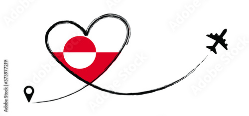 Flag Greenland. Love Romantic travel airplane line path of air plane flight route with start point icon. Air plane flying. Vector fly pin location pointer route, trace and track sign. 