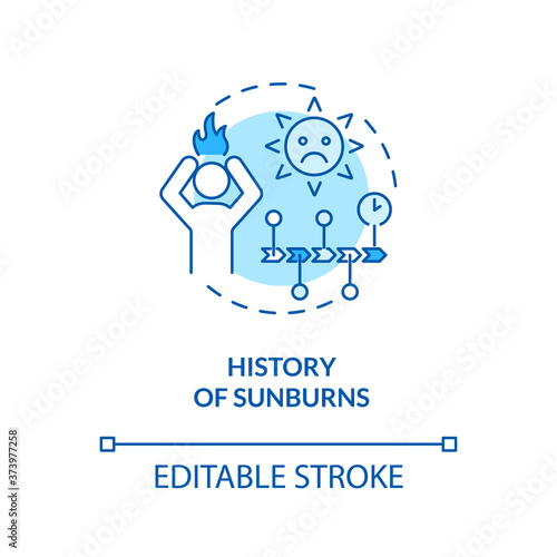History of sunburns concept icon. Ultraviolet radiation burn. Severe skin disorders. Sunburned skin idea thin line illustration. Vector isolated outline RGB color drawing. Editable stroke