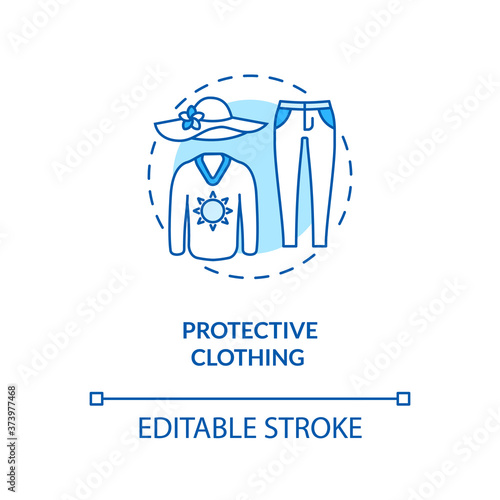 Protective clothing concept icon. Skin cancer prevention. Summer. Ultraviolet protection factor idea thin line illustration. Vector isolated outline RGB color drawing. Editable stroke