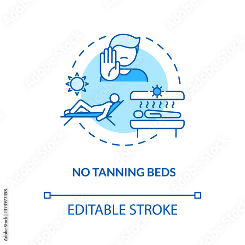 No tanning beds concept icon. Skin cancer prevention. Sunbathing. Solarium machine Indoor tanning risks idea thin line illustration. Vector isolated outline RGB color drawing. Editable stroke