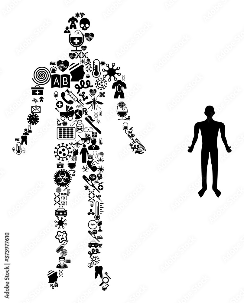 Mosaic human body with medical items and basic icon. Mosaic vector human body is designed with medical items. Flat illustrations elements for hospital applications. Mosaic human body with medical items and basic icon. Mosaic vector human body is designed with medical items. Flat illustrations elements for hospital applications.