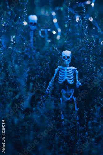 Night procession of skeletons. Invasion of the undead. Army of evil dead walking through the forest. © Olga