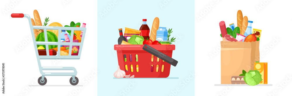 Shopping bags. Vector set of supermarket shopping cart and basket with fresh grocery products. Grocery store. Paper and plastic packages with natural food, organic fruits, vegetables. Eco paper bag.