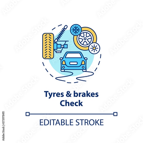 Tyres and brakes check concept icon. Squealing brakes, pulsating pedal, burn out brake light inspection idea thin line illustration. Vector isolated outline RGB color drawing. Editable stroke