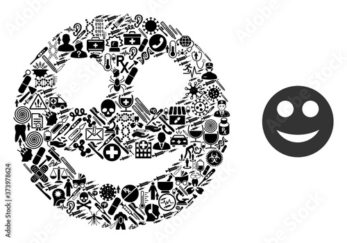 Mosaic smile of healthcare symbols and basic icon. Mosaic vector smile is composed of healthcare items. Flat illustrations elements for doctor illustrations. Illustration is based on smile pictogram.