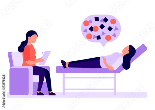 Psychological counseling of people, psychoanalysis. Client lies on couch, psychologist analyzes. Service of psychological help, psychotherapy, psychology. Patient consultation, problem solving. Vector