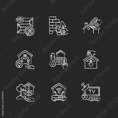 House improvements chalk white icons set on black background. Ventilation pipes. Wall building. Thermostat. TV tuner and Internet connection setting. Isolated vector chalkboard illustrations