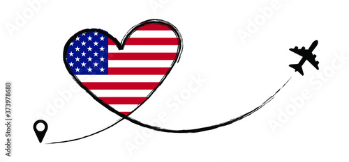 Flag Amerika, USA, VS. Love Romantic travel airplane line path of air plane flight route with start point icon. Air plane flying. Vector fly pin location pointer route, trace and track sign. 
