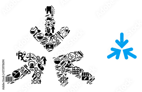 Mosaic triple collide arrows with medic icons and basic icon. Mosaic vector triple collide arrows is formed with healthcare icons. Abstract illustrations elements for doctor wallpapers.