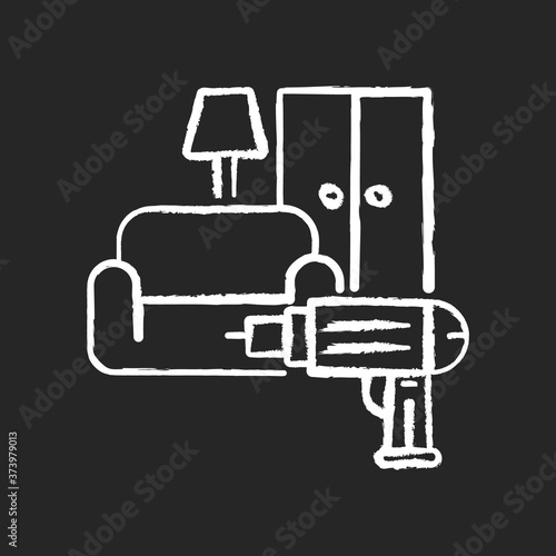 Furniture installation chalk white icon on black background. Screwing wardrobe. Household. Screwdriver. House maintenance. Furniture assembly service. Isolated vector chalkboard illustration