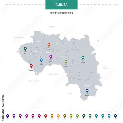 Guinea map with location pointer marks. Infographic vector template, isolated on white background.