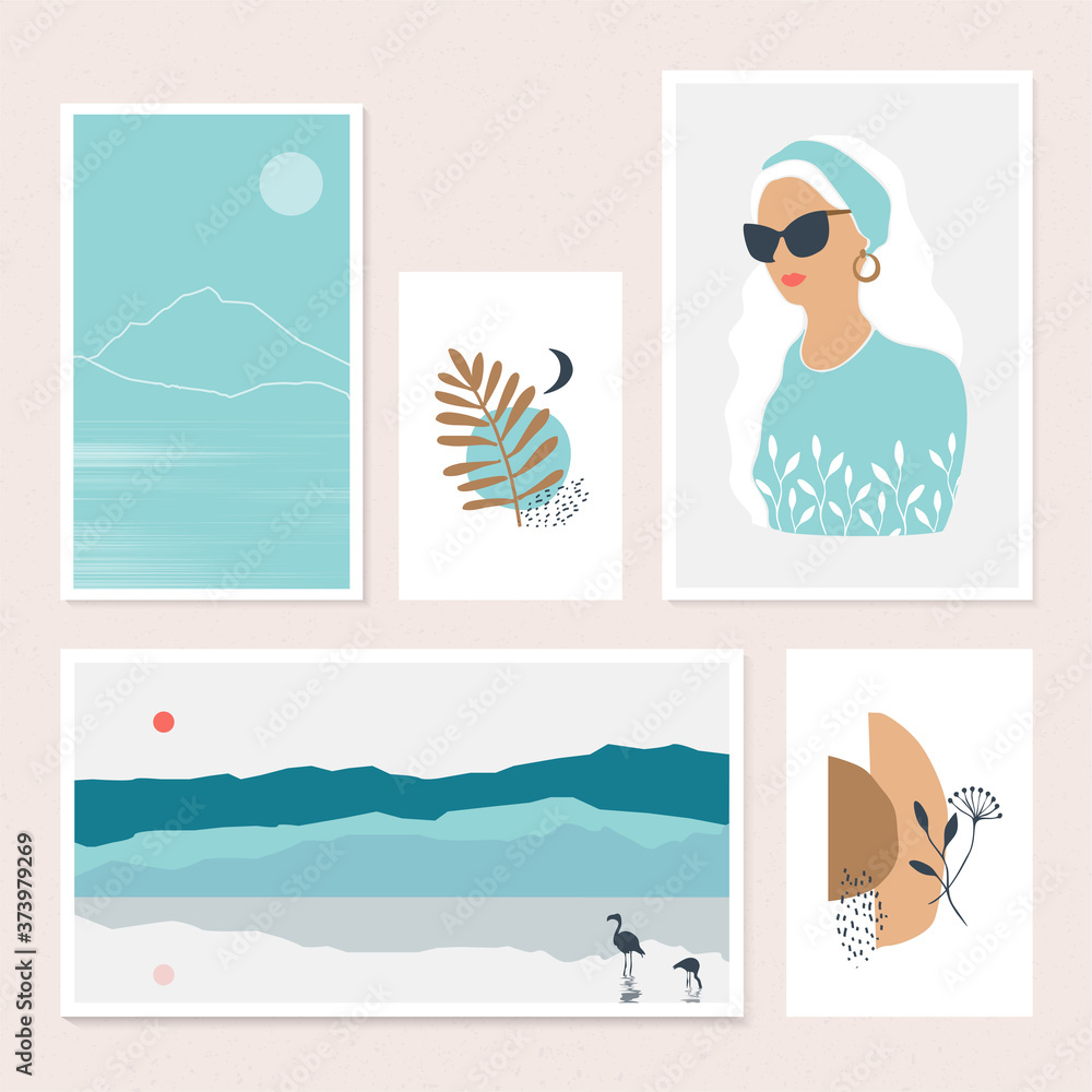 Modern wall art gallery,abstract art set.Vector portrait of a girl and natural landscape.These trendy illustrations are for invitations,cards,wallpaper,packaging,branding,web sites,social media etc.