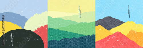 Vector illustration landscape. Japanese wave pattern. Mountain background. Asian style. Sunset scene. Sea backdrop. Design for social media wallpaper, blog post template. Old paper with scratches