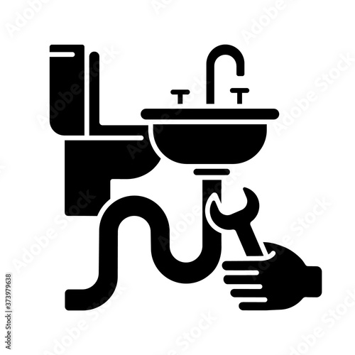 Plumbing installation black glyph icon. Home plumbing. Renovation and repair. Toilet and sink installations. Construction process. Silhouette symbol on white space. Vector isolated illustration