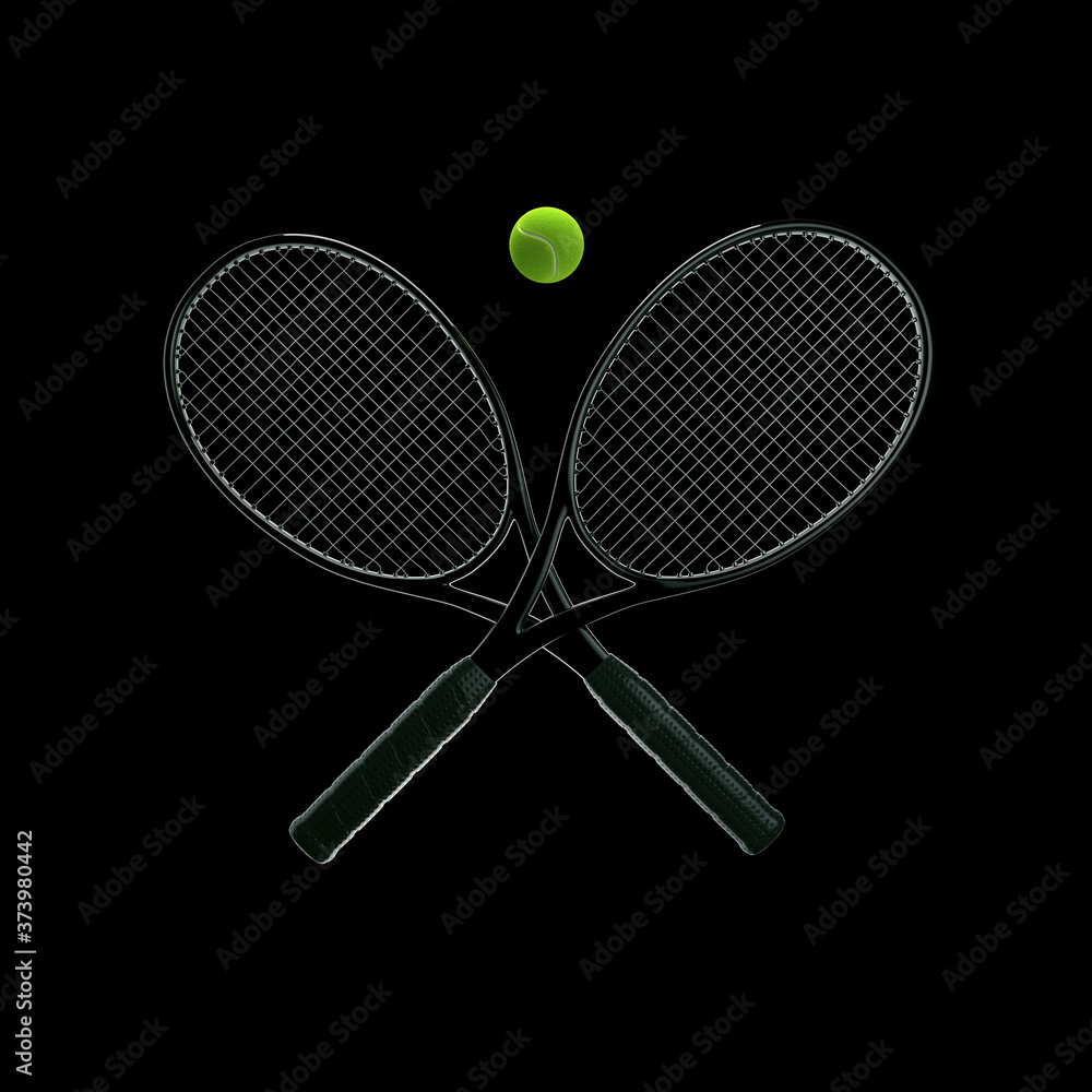 Tennis rackets with ball on black background Tennis rackets with ball on black background
