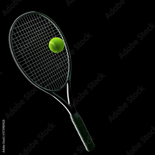 Tennis racket with ball on black background © Andrey Kudrin