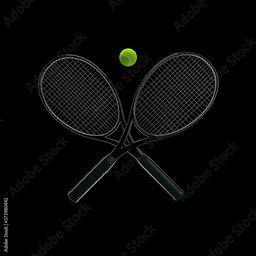 Tennis rackets with ball on black background