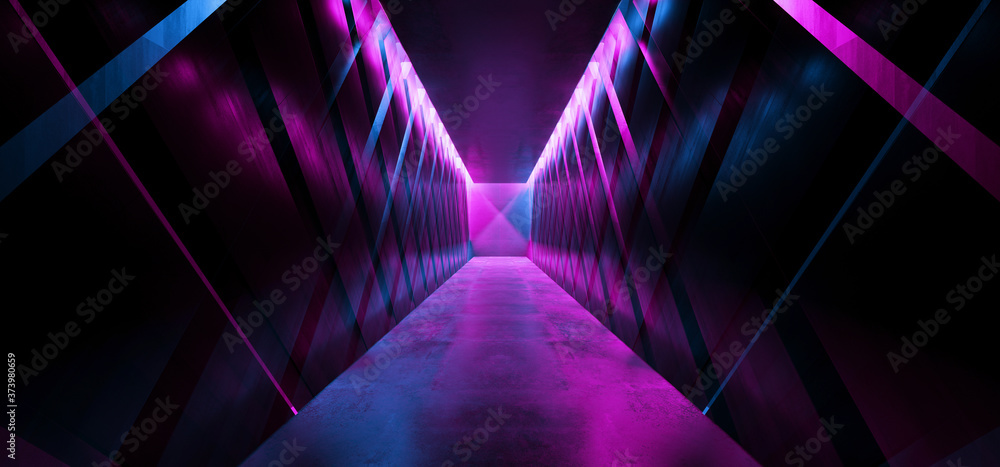 Sci Fi Modern Neon Laser Tunnel Corridor Purple Blue Glowing Metal Reflecting Floor Concrete Walls Futuristic Underground Room Garage Empty Background Arc Lights 3D Rendering