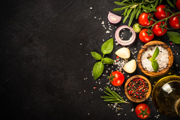 Food cooking background at black top view.