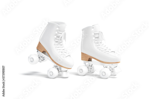 Blank white roller skates with wheels mockup toe, half-turned view photo