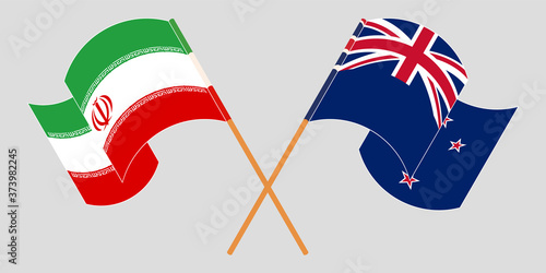 Crossed and waving flags of Iran and New Zealand