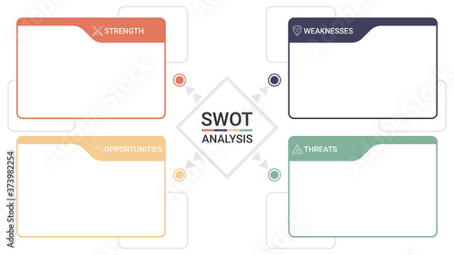 SWOT diagram with 4 rectangular elements. Comparison strengths, weaknesses, opportunities and threats of company or personal. Flat infographic design template. Vector illustration strategic business