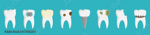 Set of teeth, healthy and witn different dental problems, stock vector illustration.