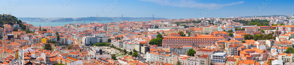 Extra wide panoramic cityscape of Lisbon