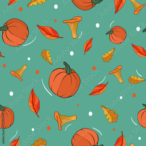 Autumn background with leaves, mushrooms and pumpkin. Line drawing. Multicolored autumn leaves seamless pattern with texture. Stylish background, textile or wrapping paper design. Vector illustration