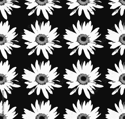 Floral botanical graphic retro vintage decorative seamless black and white pattern  daisies chamomile flowers on black background 