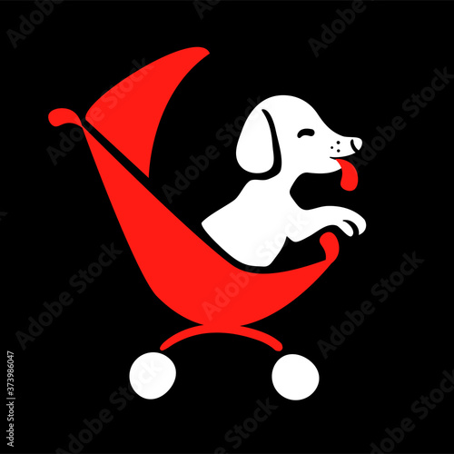 Dog sitter logo in drawing style on black background for highlight. Walking pet in red carriage icon vector isolated element. Zoo transportation flat illustration. Funny animal care business concept