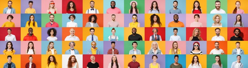 Photo set collage of faces of multiethnic happy fun smiling people, men and women group different ages wearing casual clothes isolated on colorful background studio portraits. Human facial expressions