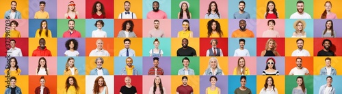 Photo set collage of faces of multiethnic happy fun smiling people, men and women group different ages wearing casual clothes isolated on colorful background studio portraits. Human facial expressions